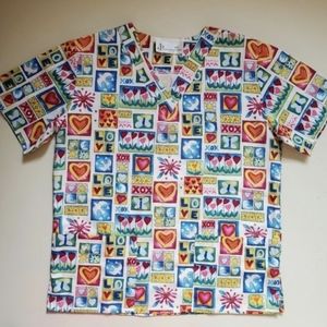 Peace love hearts colourful nurse's top